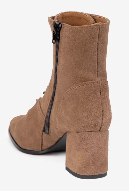 Botine dama taupe din piele intoarsa cu toc