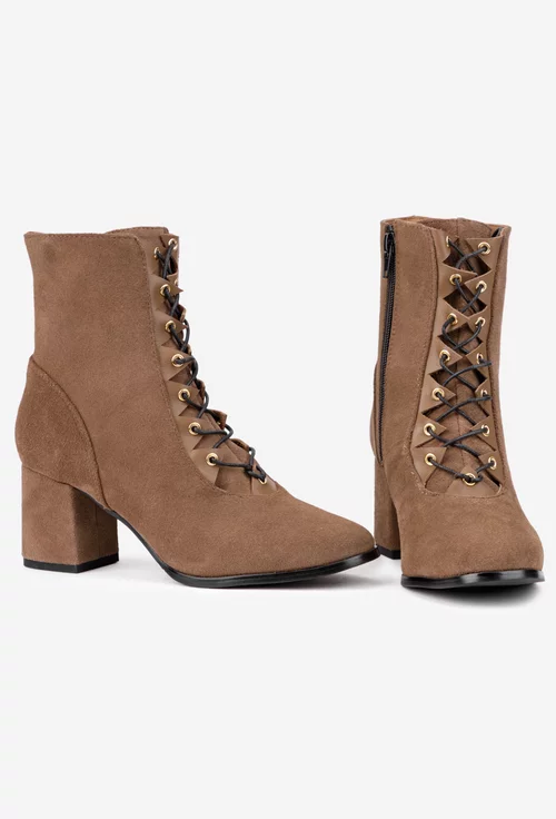 Botine dama taupe din piele intoarsa cu toc