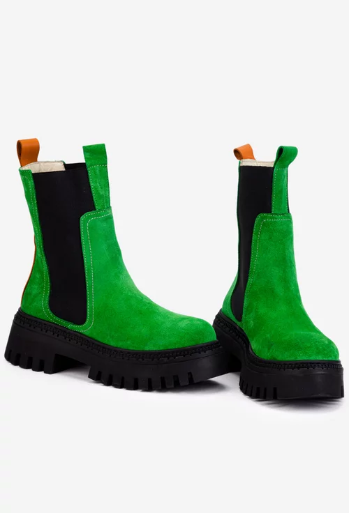 Botine dama verzi din piele intoarsa cu elastic negru