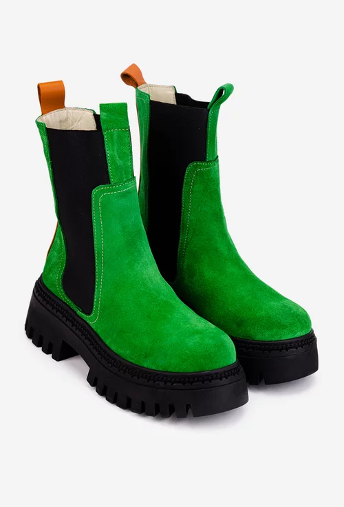 Botine dama verzi din piele intoarsa cu elastic negru