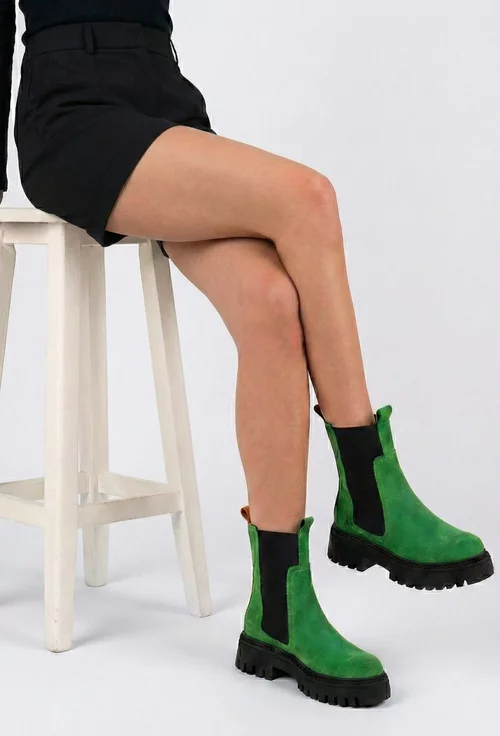 Botine dama verzi din piele intoarsa cu elastic negru