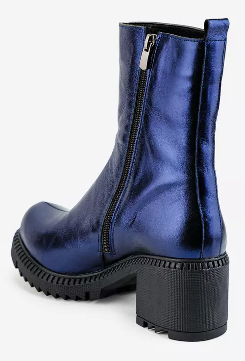 Botine din piele albastra sidefata