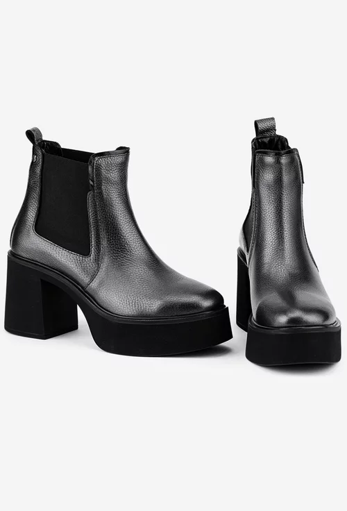 Botine dama argintii din piele texturata cu elastic