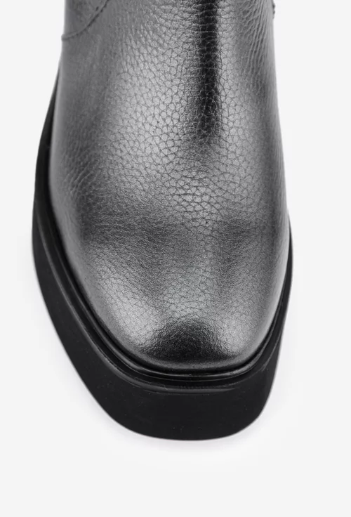 Botine dama argintii din piele texturata cu elastic