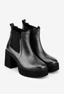 Botine dama argintii din piele texturata cu elastic