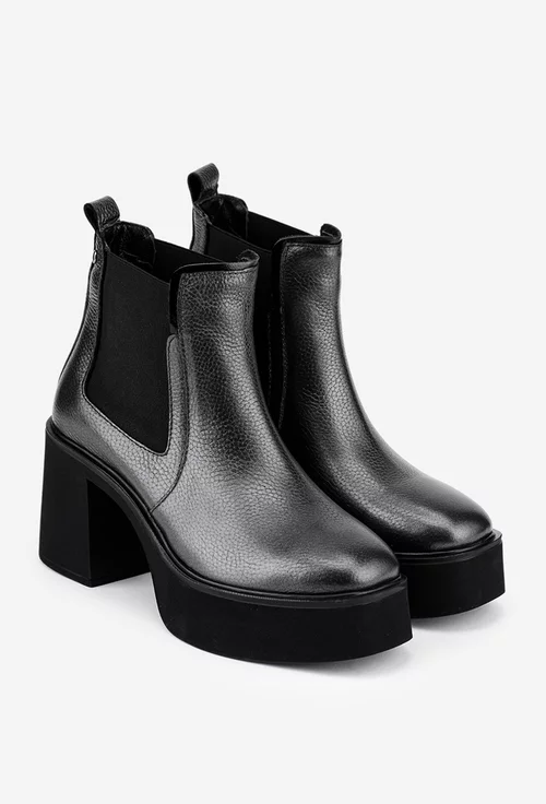 Botine dama argintii din piele texturata cu elastic