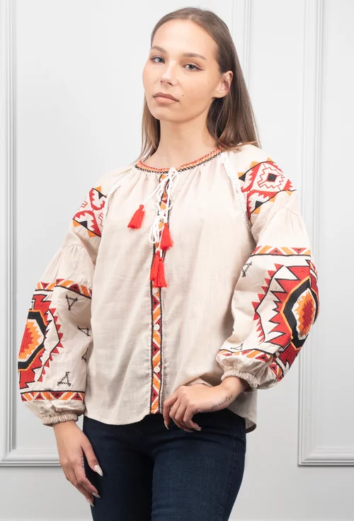 Camasa bej accesorizata cu detalii colorate