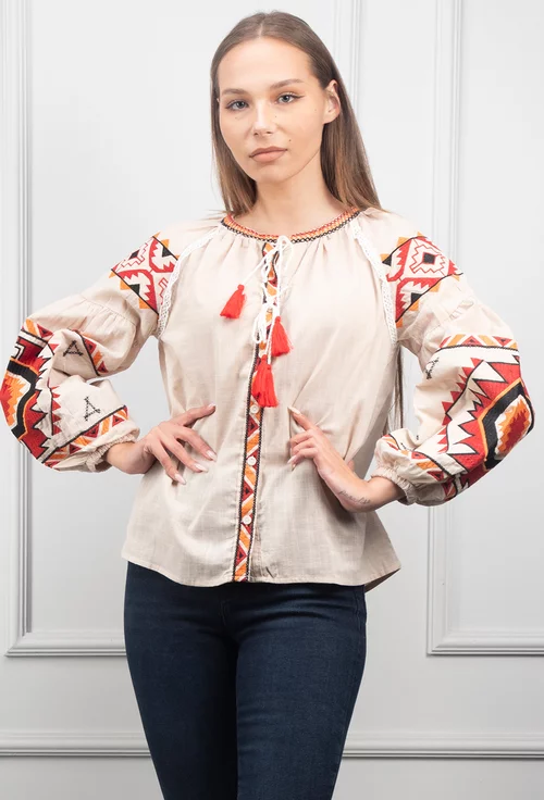 Camasa bej accesorizata cu detalii colorate