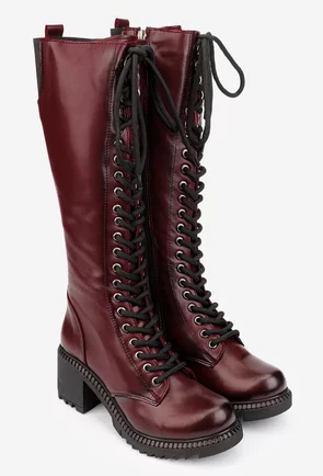 Cizme dama burgundy din piele prevazute cu siret si fermoar