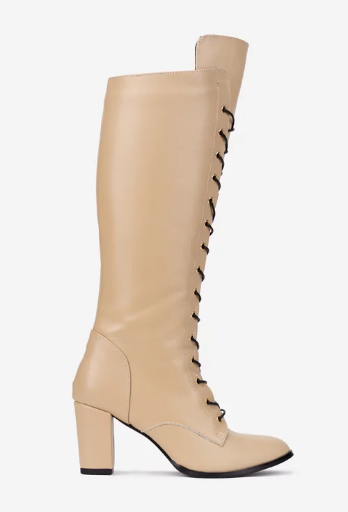 Cizme dama din piele naturala bej cu toc