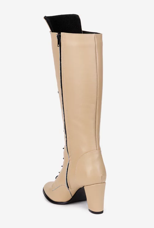 Cizme dama din piele naturala bej cu toc