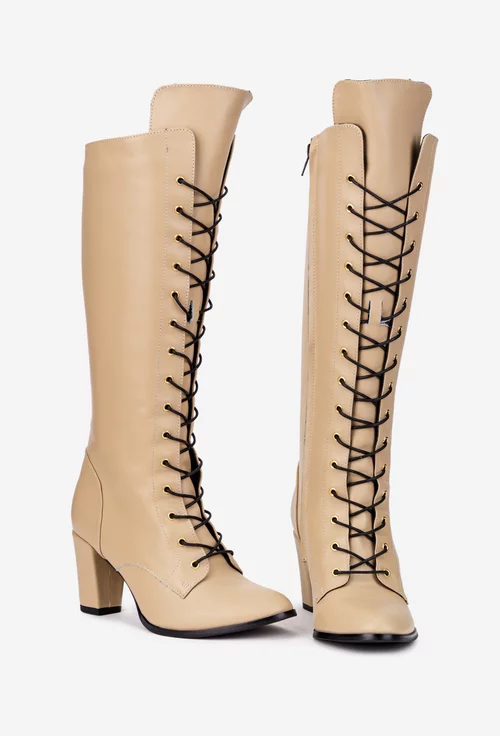 Cizme dama din piele naturala bej cu toc