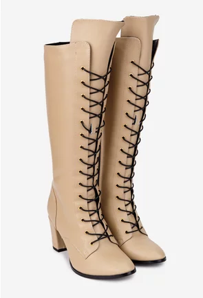 Cizme dama din piele naturala bej cu toc