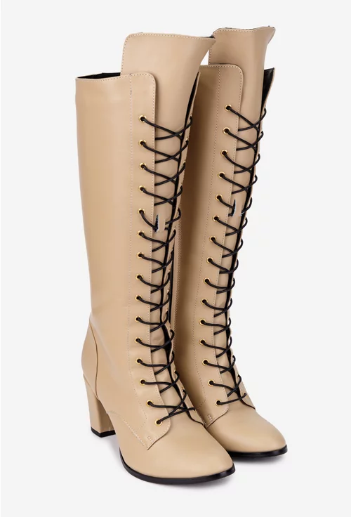 Cizme dama din piele naturala bej cu toc