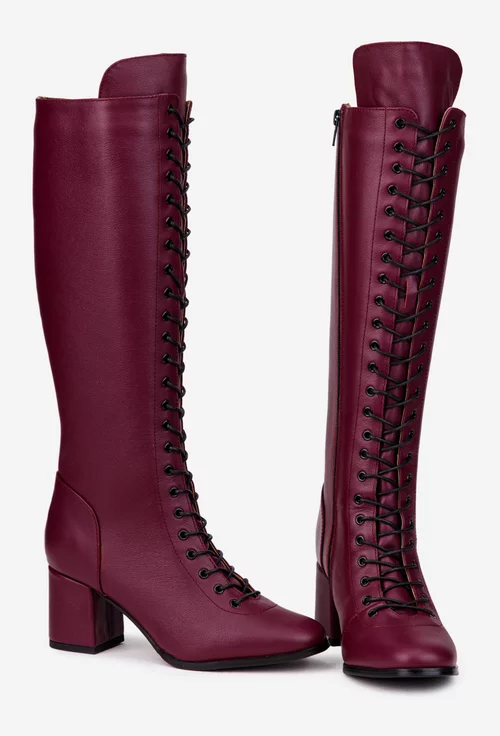 Cizme dama din piele naturala bordo cu toc