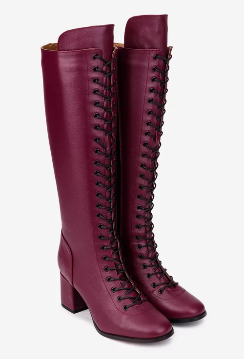 Cizme dama din piele naturala bordo cu toc