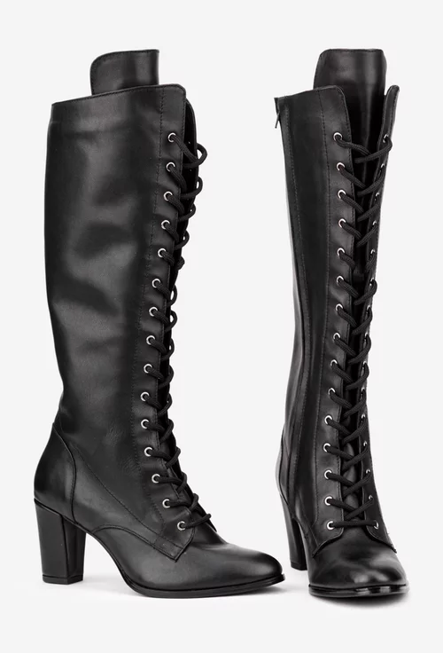 Cizme dama din piele naturala neagra cu toc