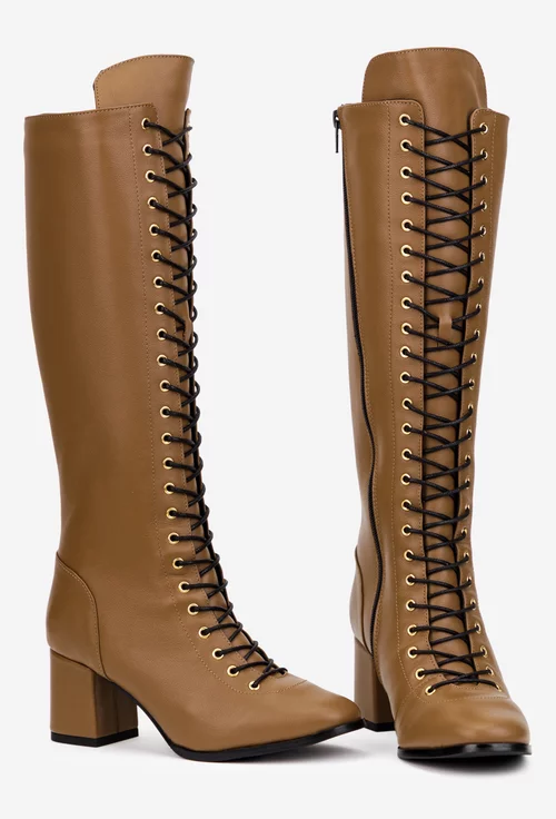 Cizme dama din piele naturala taupe cu toc