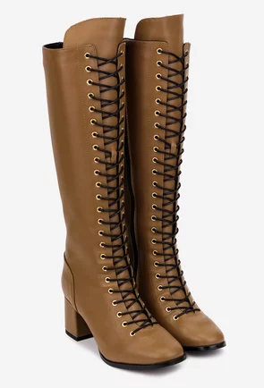 Cizme dama din piele naturala taupe cu toc