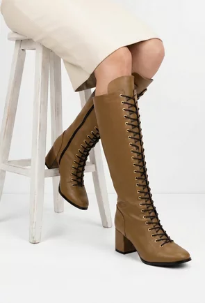 Cizme dama din piele naturala taupe cu toc