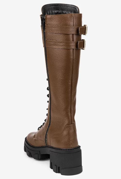 Cizme dama din piele texturata maro inchis