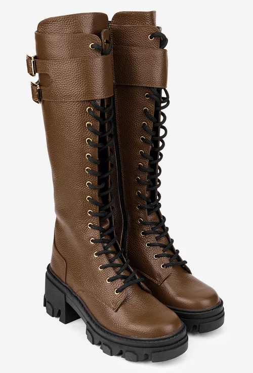 Cizme dama din piele texturata maro inchis