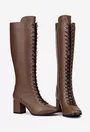 Cizme dama din piele texturata maro inchis cu toc