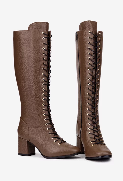 Cizme dama din piele texturata maro inchis cu toc