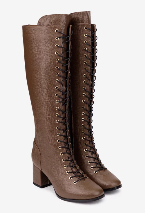 Cizme dama din piele texturata maro inchis cu toc