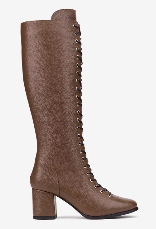 Cizme dama din piele texturata maro inchis cu toc