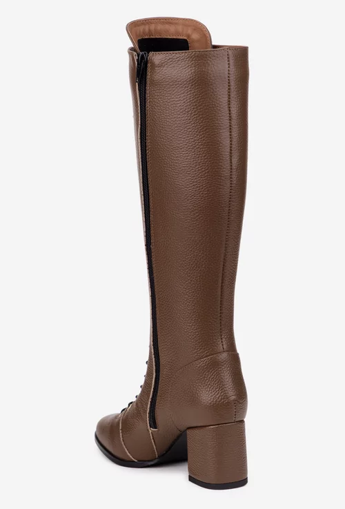 Cizme dama din piele texturata maro inchis cu toc