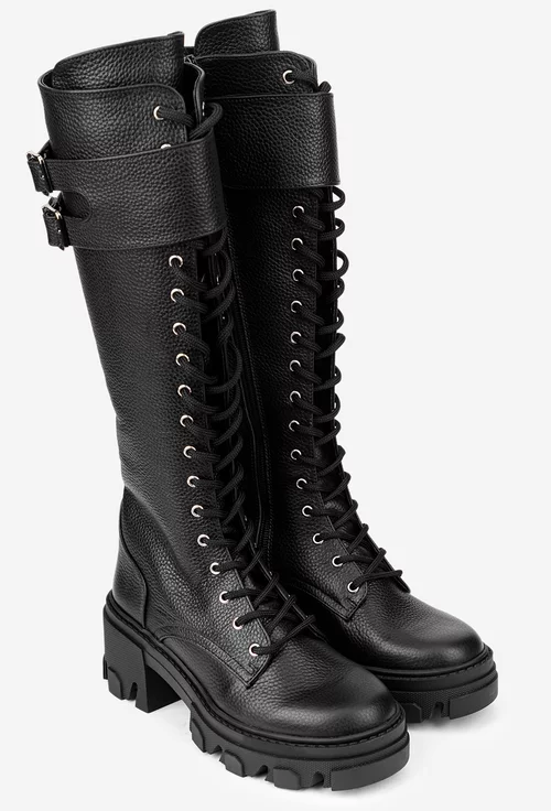 Cizme dama din piele texturata neagra