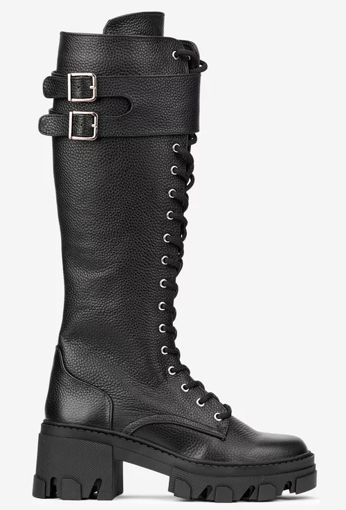 Cizme dama din piele texturata neagra