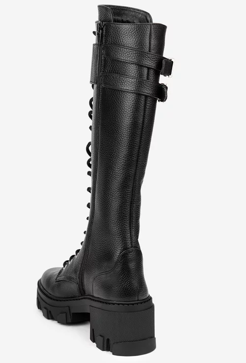 Cizme dama din piele texturata neagra