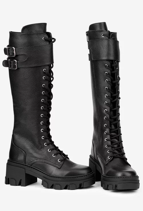 Cizme dama din piele texturata neagra