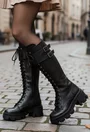 Cizme dama din piele texturata neagra