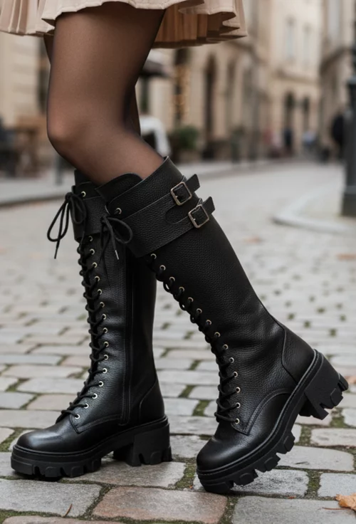 Cizme dama din piele texturata neagra