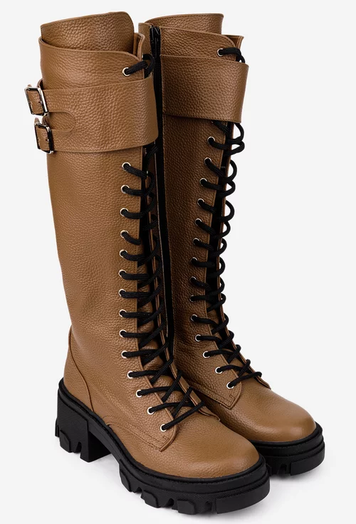 Cizme dama din piele texturata taupe