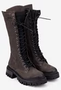 Cizme dama grej cu negru din piele nabuc si material textil