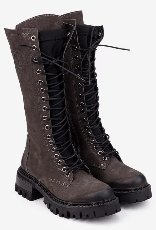 Cizme dama grej cu negru din piele nabuc si material textil