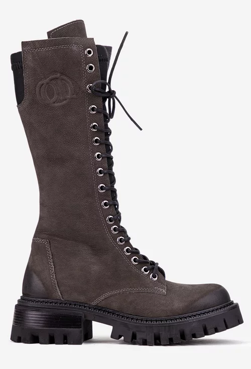 Cizme dama grej cu negru din piele nabuc si material textil