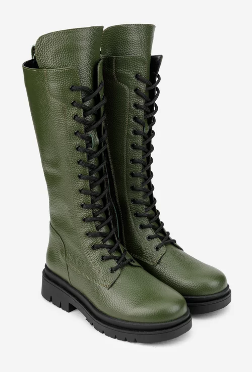 Cizme dama kaki din piele texturata