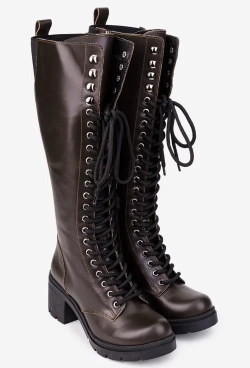 Cizme dama maro din piele naturala cu siret si fermoar lateral