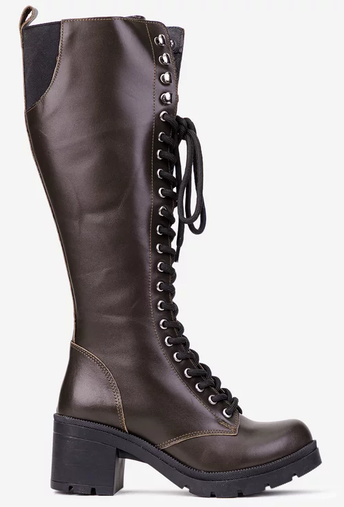 Cizme dama maro din piele naturala cu siret si fermoar lateral