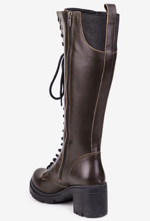 Cizme dama maro din piele naturala cu siret si fermoar lateral