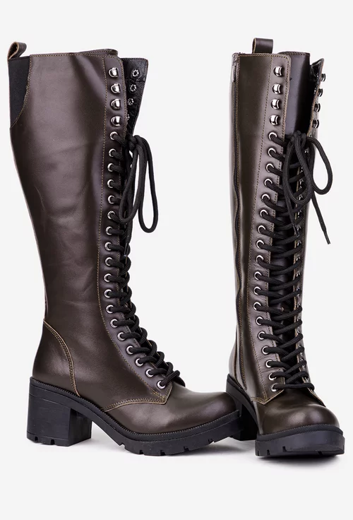 Cizme dama maro din piele naturala cu siret si fermoar lateral