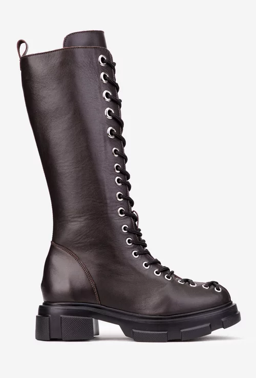 Cizme dama maro inchis din piele naturala cu siret in fata