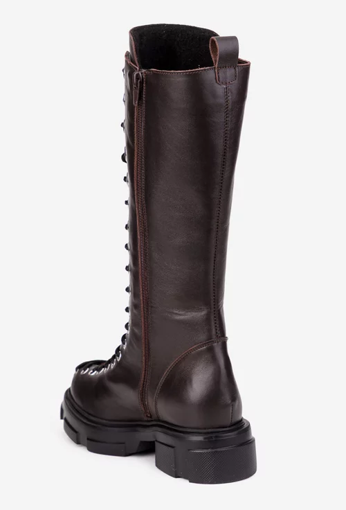 Cizme dama maro inchis din piele naturala cu siret in fata