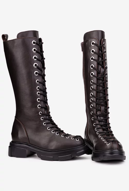 Cizme dama maro inchis din piele naturala cu siret in fata