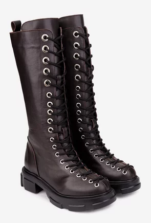 Cizme dama maro inchis din piele naturala cu siret in fata